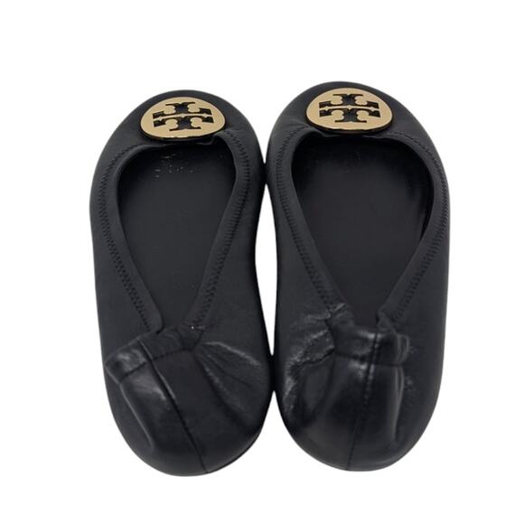 Tory Burch Minnie Black Leather Ballet Flats Gold Logo Size 8.5 - Picture 4 of 6